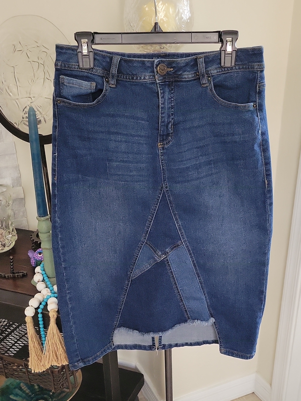 one 5 one Dark Blue Straight Leg Denim Skirt with Front V-patchwork